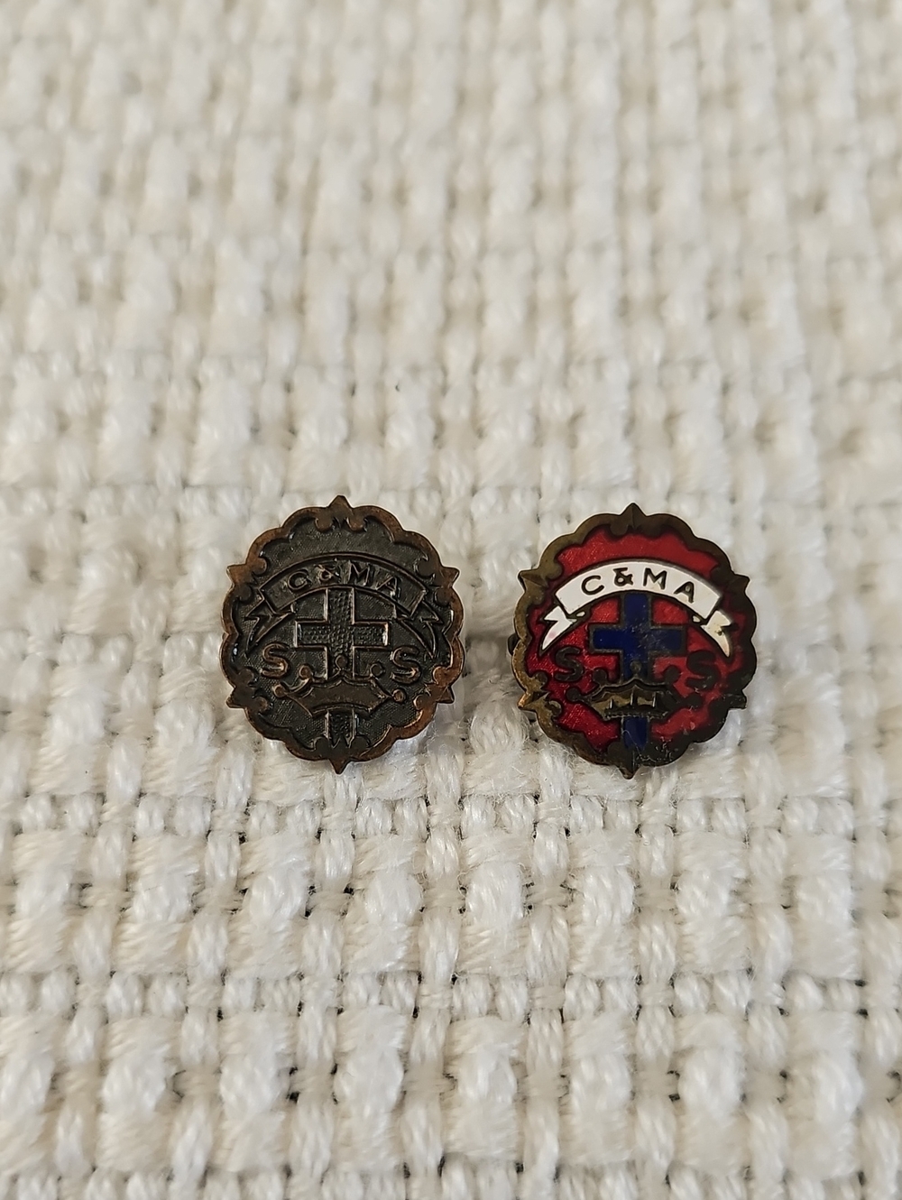 Sunday School Attendance Lapel Pins Red and Bronze Enamel